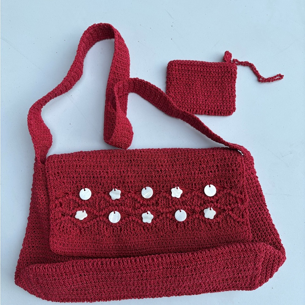 Vintage Crochet Macrame Red Shoulder Bag Purse Charm Accent Wallet Coastal Beach
